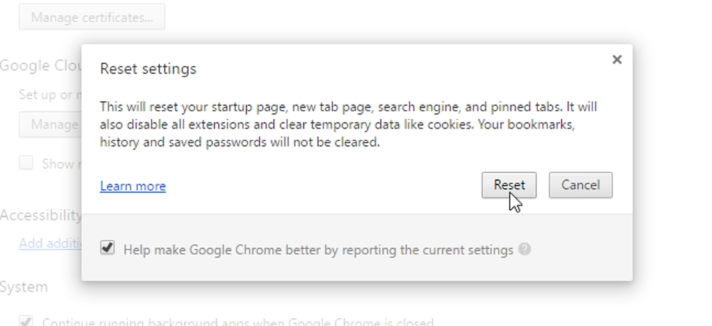 Set your browser's settings to default