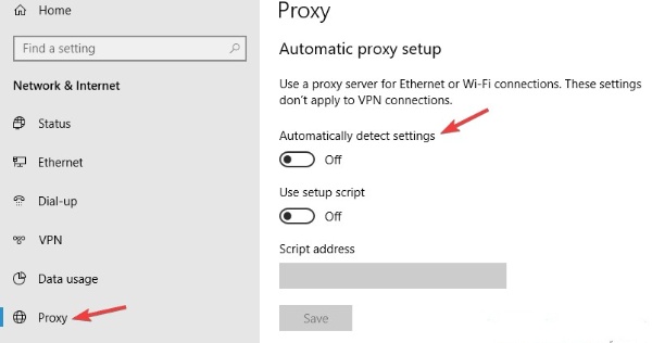Disable VPN and Proxy Settings