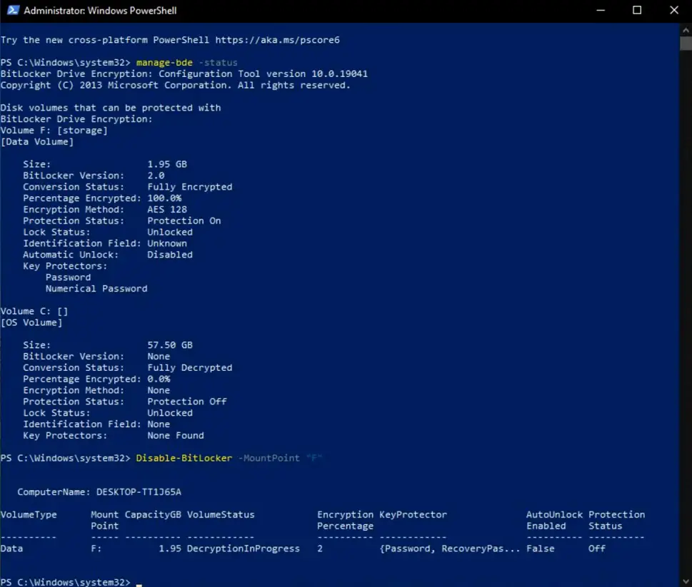 Disable BitLocker MountPoint 22F22