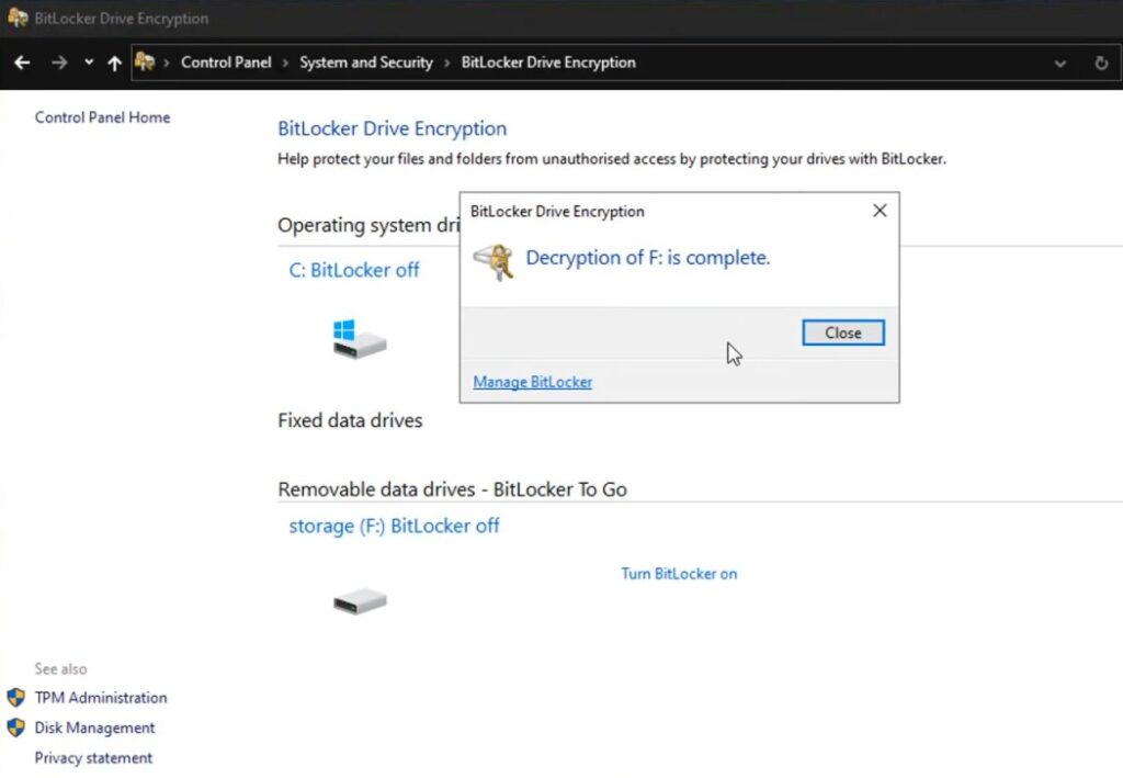 bitlocker decryption complete